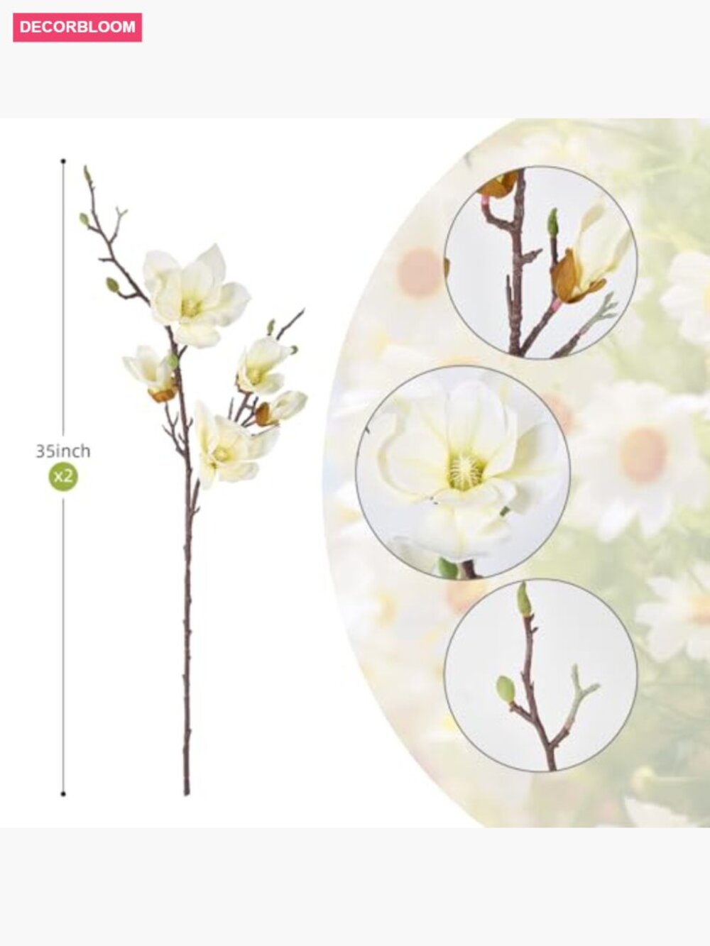 2PC 35in Artificial Magnolia Flowers Real Touch 10 Heads Faux Long Stem with - Picture 2 of 7